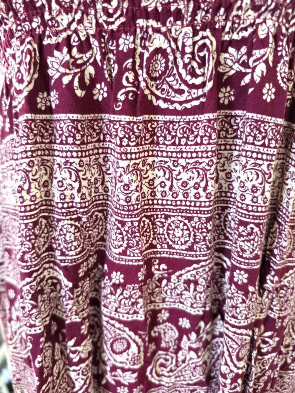 Tropiko Burgundy/Cream Paisley Strapless Smocked Stretch Maxi Dress SMALL - Picture 5 of 6